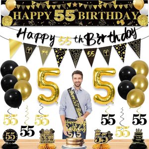 Ashenby 55th Birthday Decorations for Men, Black Gold 55th Party Decoration Kits, Black, gold, 27