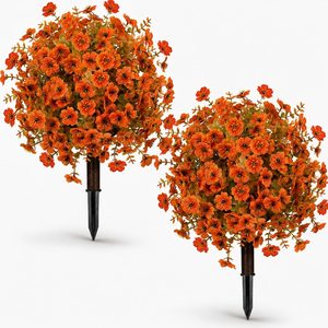 Aldernest 2pcs Fall Artificial Topiary Ball Trees, Faux mums Flowers for Outside, 0.88 kg, Fall Orange