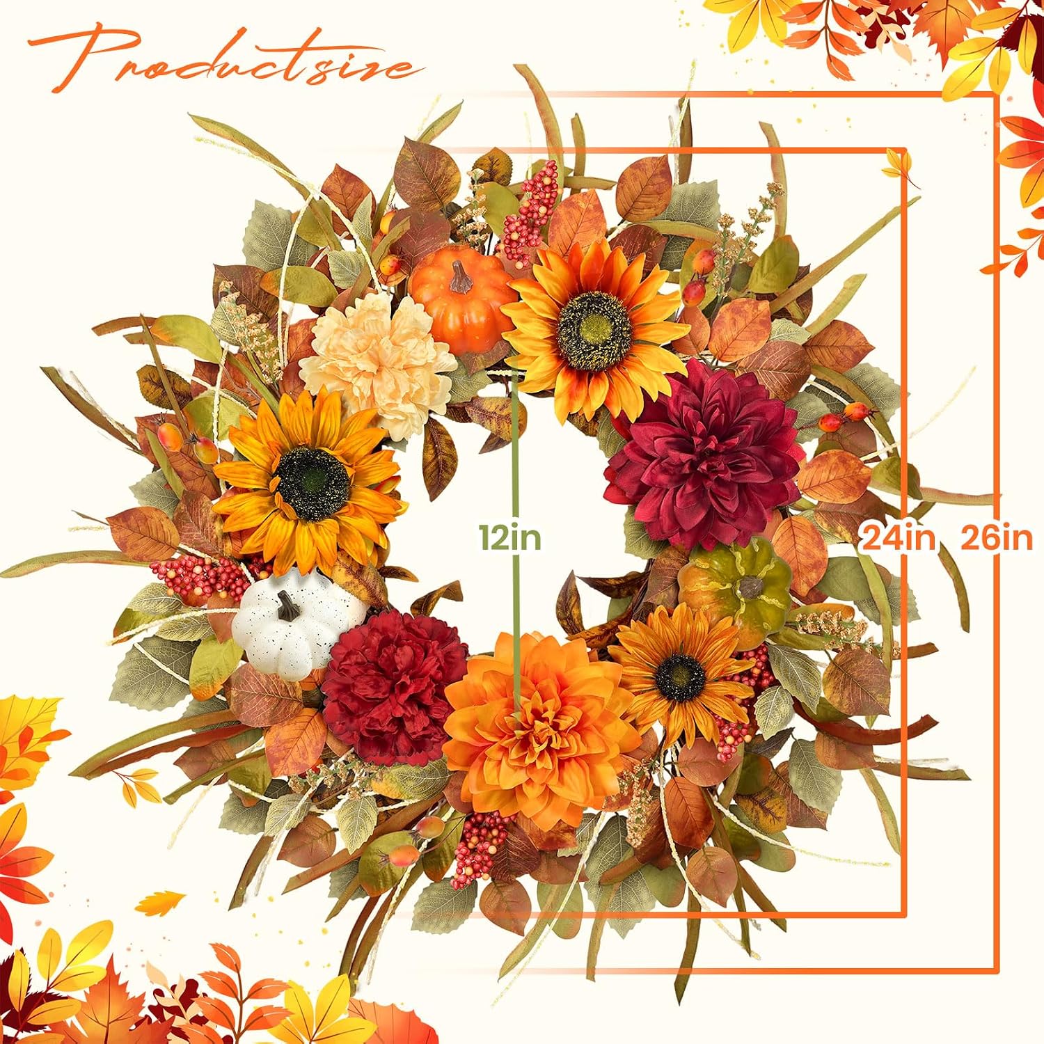 Aldernest 26" Fall Wreaths for Front Door, Sunflower Door Wreath with Hydrangea, 0.82 kg