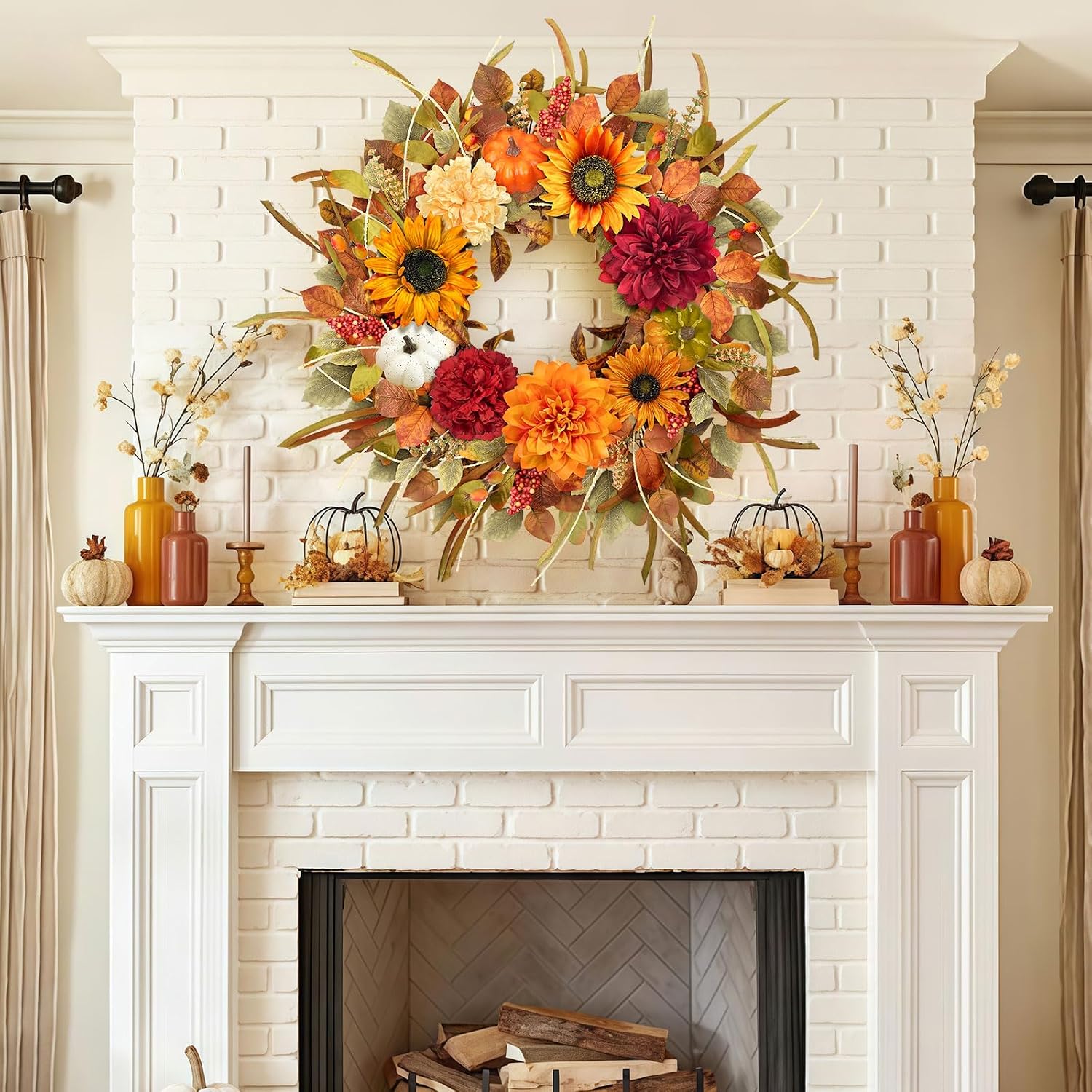 Aldernest 26" Fall Wreaths for Front Door, Sunflower Door Wreath with Hydrangea, 0.82 kg