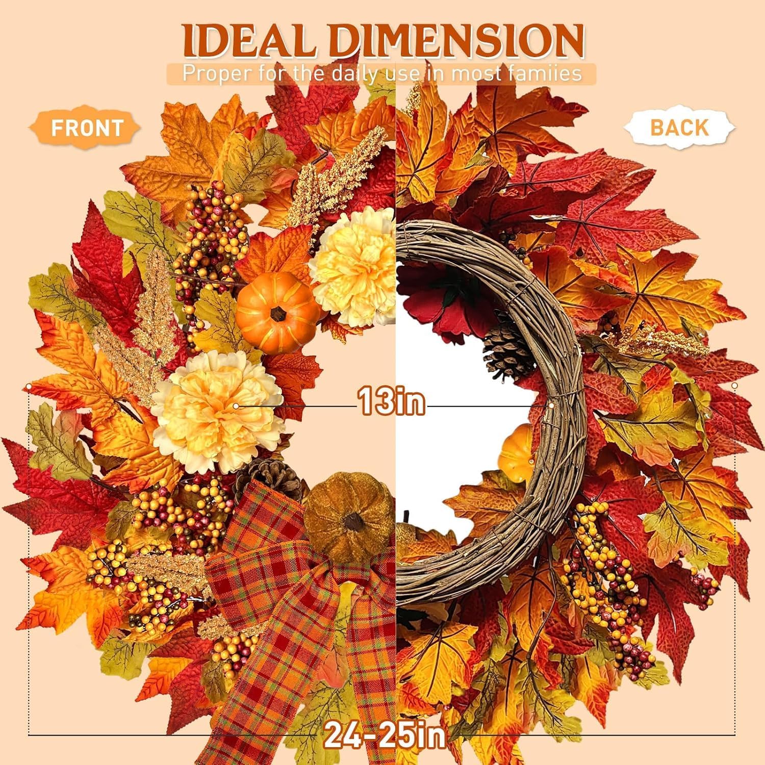 Aldernest 24 Inch Fall Wreaths for Front Door, Autumn Wreath with Lights and Bows, 12.8 ounces