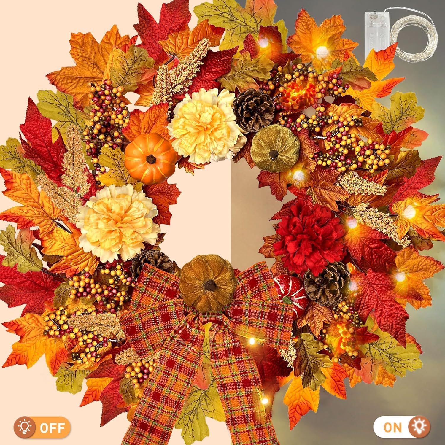 Aldernest 24 Inch Fall Wreaths for Front Door, Autumn Wreath with Lights and Bows, 12.8 ounces