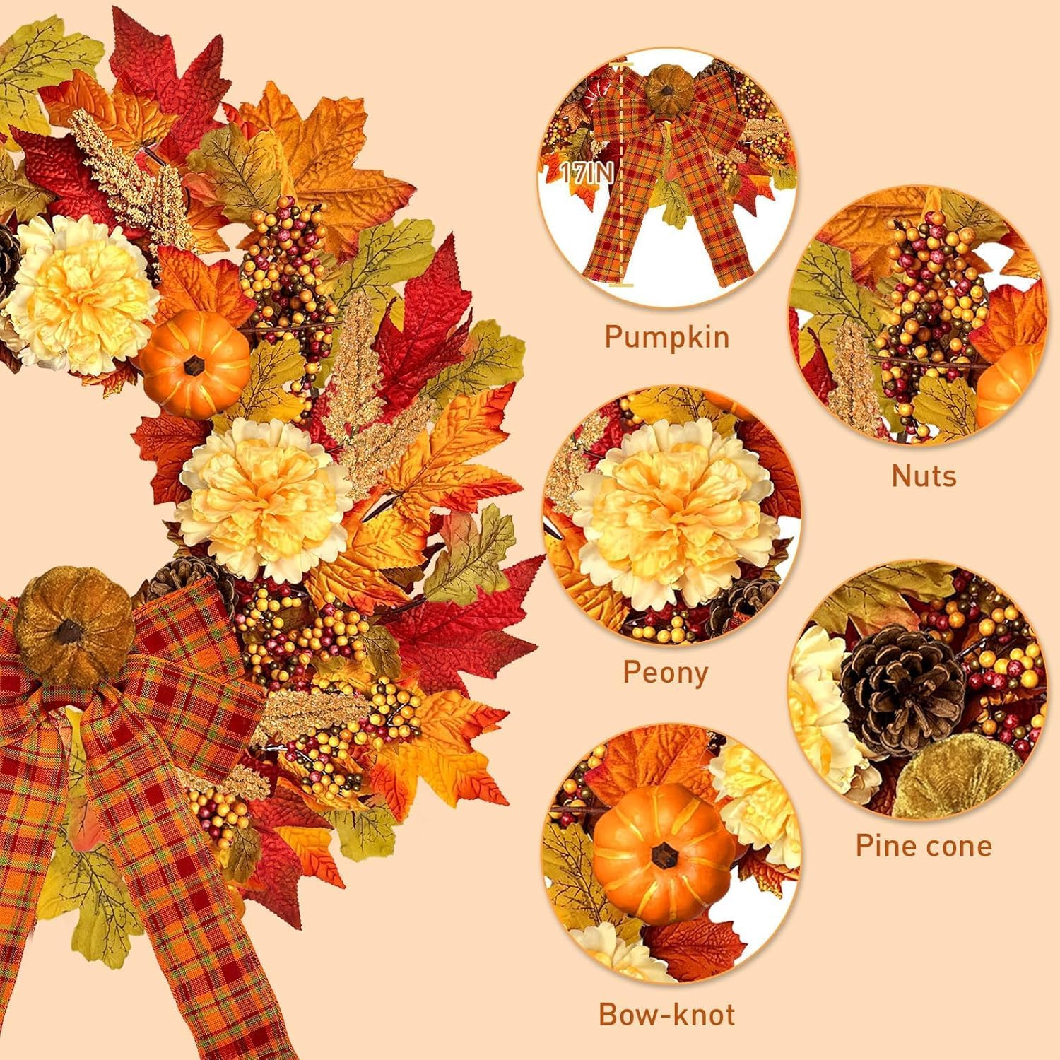 Aldernest 24 Inch Fall Wreaths for Front Door, Autumn Wreath with Lights and Bows, 12.8 ounces