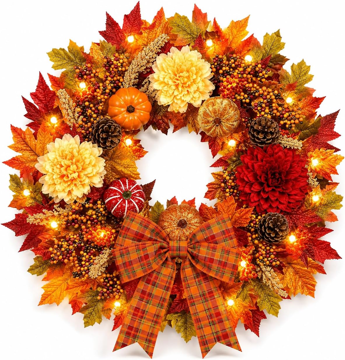 Aldernest 24 Inch Fall Wreaths for Front Door, Autumn Wreath with Lights and Bows, 12.8 ounces