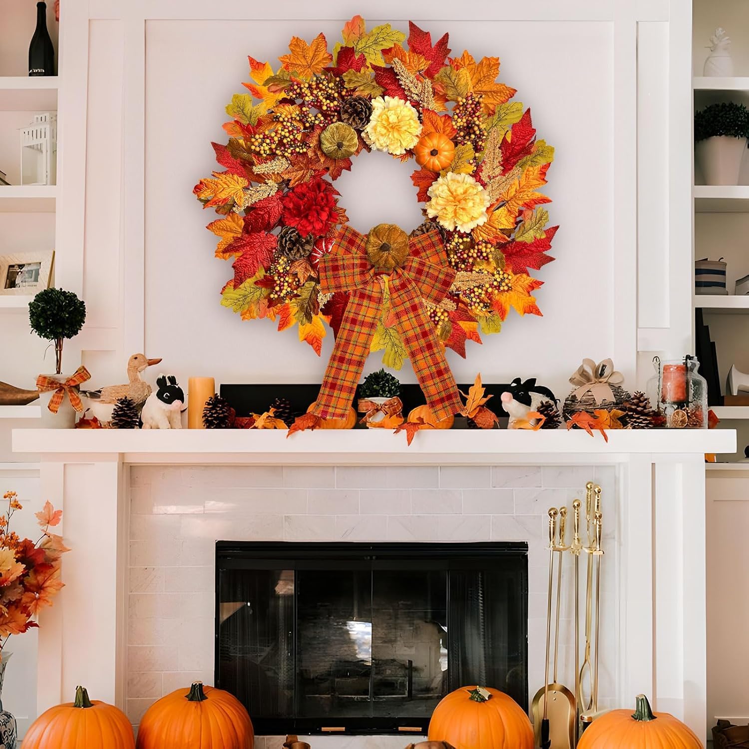 Aldernest 24 Inch Fall Wreaths for Front Door, Autumn Wreath with Lights and Bows, 12.8 ounces