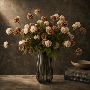 Aldernest Brown Neutral Fall Decor with Vase, Artificial Chrysanthemums for Indoors, Brown/Beige(mix), 20 Count