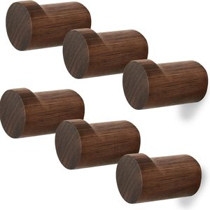 Birchmont Wood Wall Hooks for Hanging, 6 Pack Rustic Coat Hooks Wall Mount, 1.12 ounces, Black Walnut