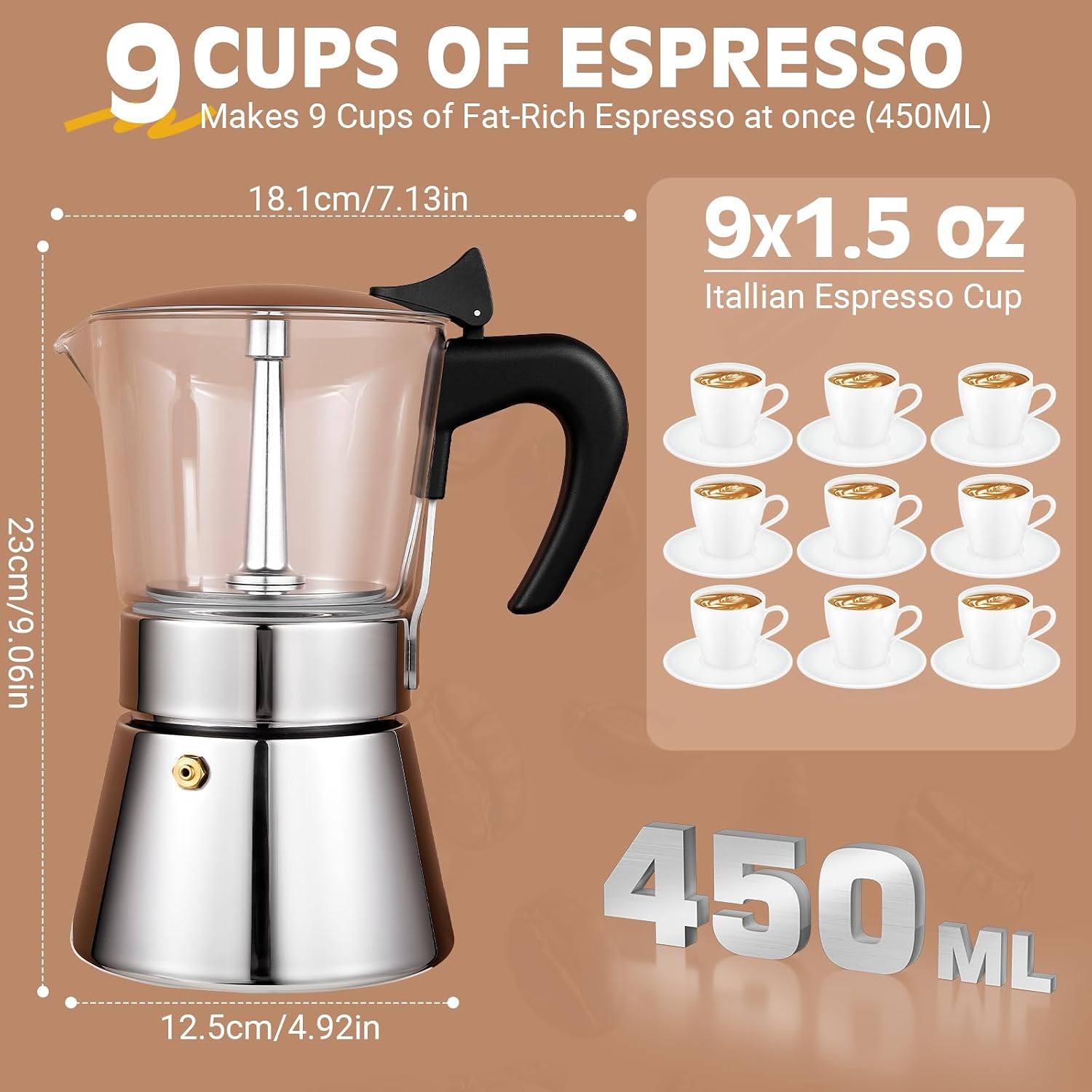 Ashenby 9 Cup 450ml Glass Moka Pot, Stovetop Espresso Maker, Silver, 2.9 pounds