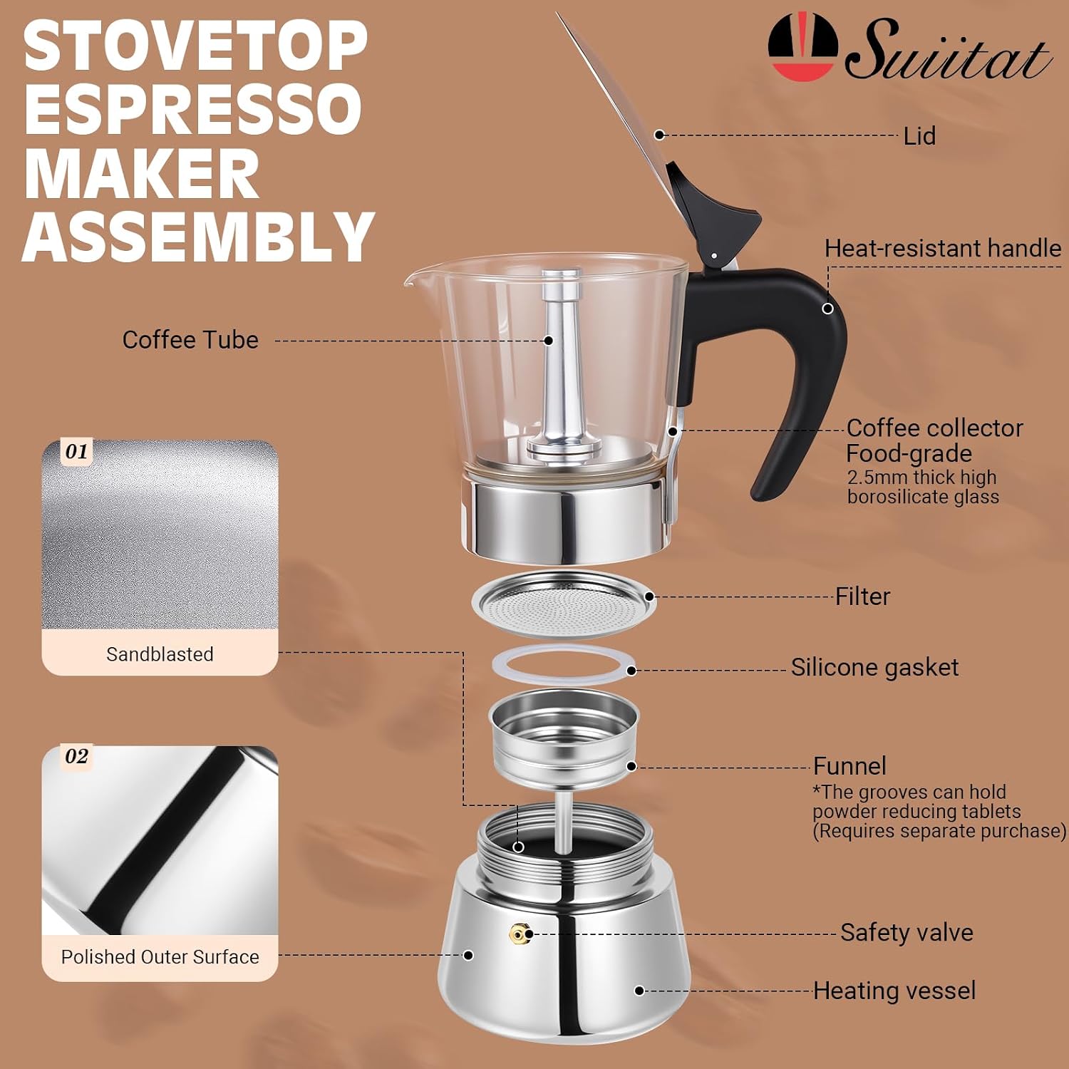 Ashenby 9 Cup 450ml Glass Moka Pot, Stovetop Espresso Maker, Silver, 2.9 pounds