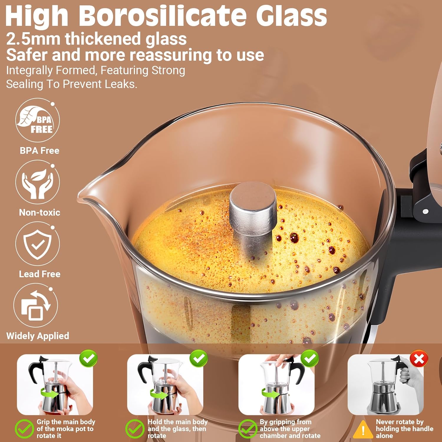Ashenby 9 Cup 450ml Glass Moka Pot, Stovetop Espresso Maker, Silver, 2.9 pounds