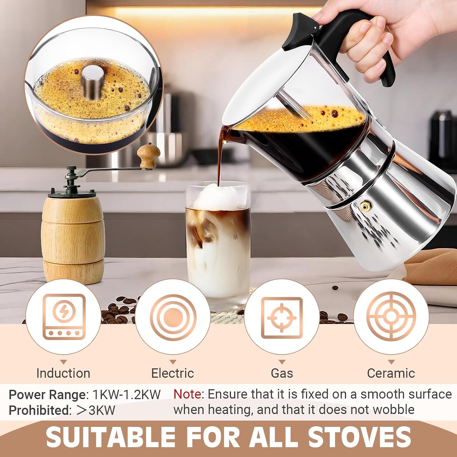 Ashenby 9 Cup 450ml Glass Moka Pot, Stovetop Espresso Maker, Silver, 2.9 pounds
