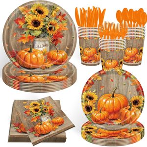 Aldernest 140Pcs Fall Thanksgiving Party Supplies Tableware Set for 20 Guests, Orange and Brown