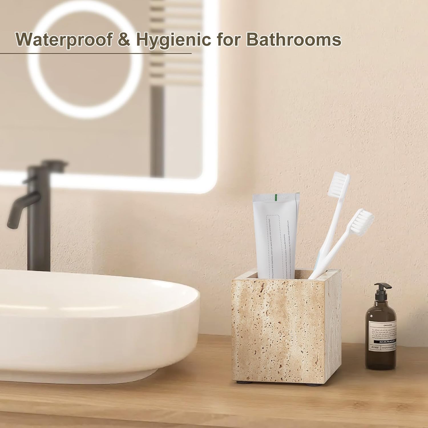 Aldernest Real Natural Travertine Toothbrush Holder & Pen & Makeup Brush Holder