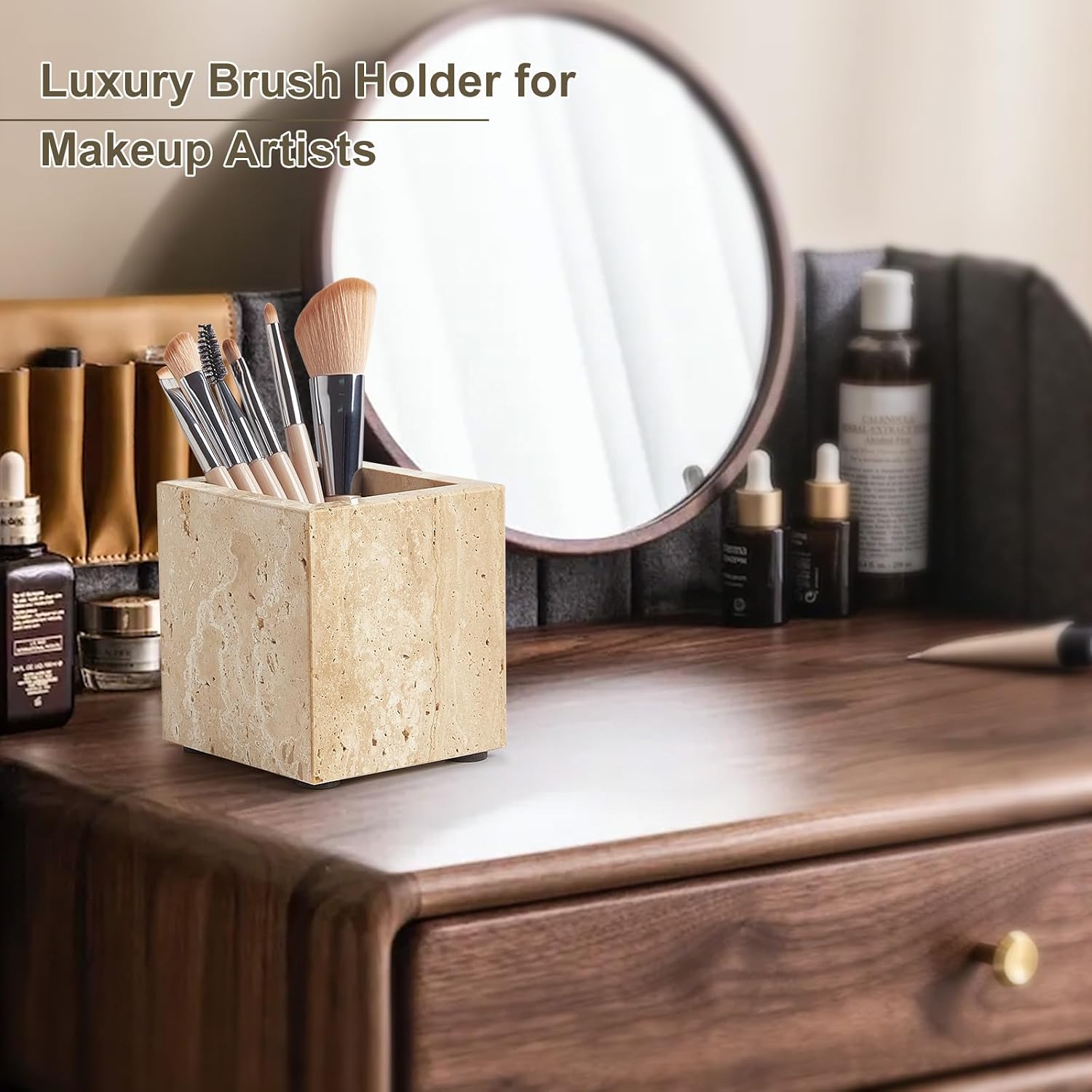 Aldernest Real Natural Travertine Toothbrush Holder & Pen & Makeup Brush Holder