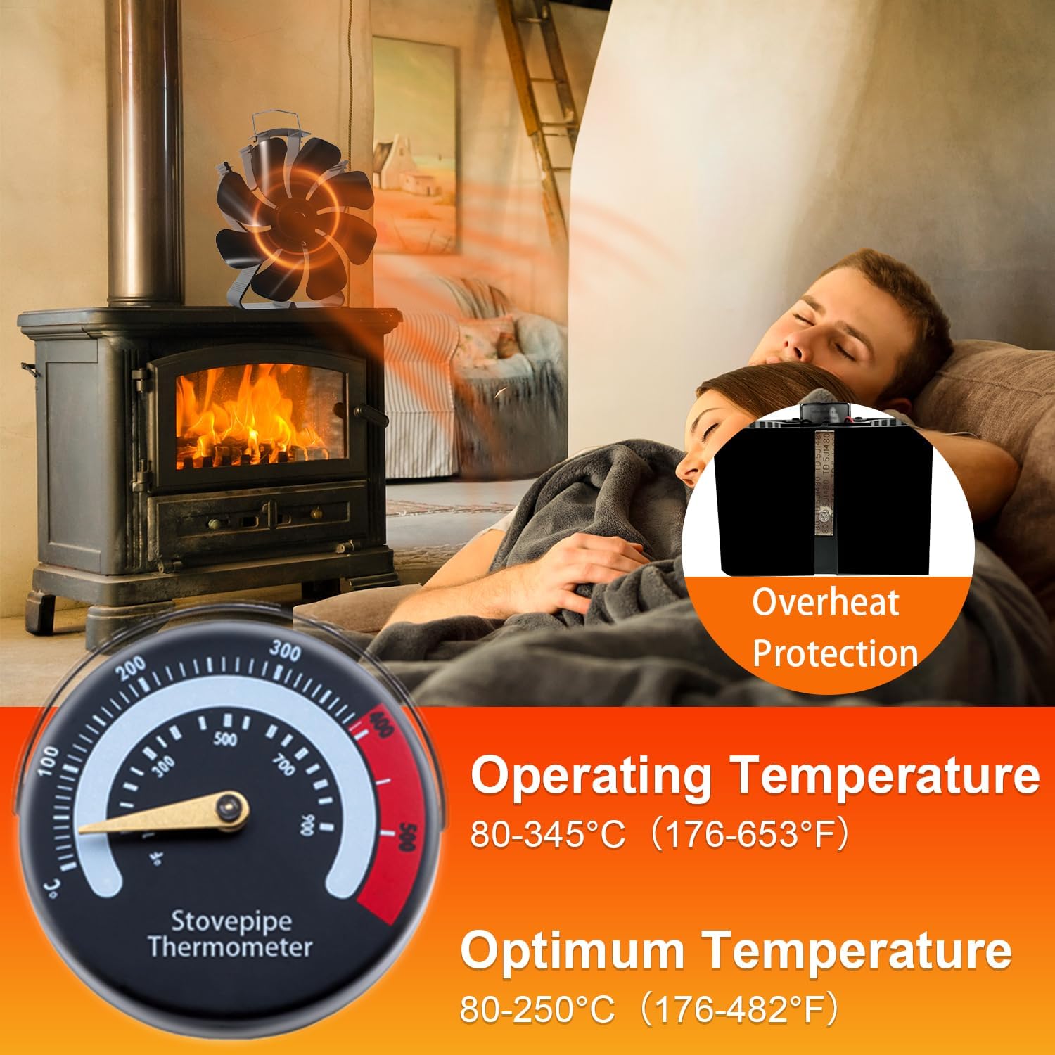 Barleyfield Wood Stove Fan Heat Powered Fireplace Fans 8 Blades Non Electric, 16 ounces, Medium, Black