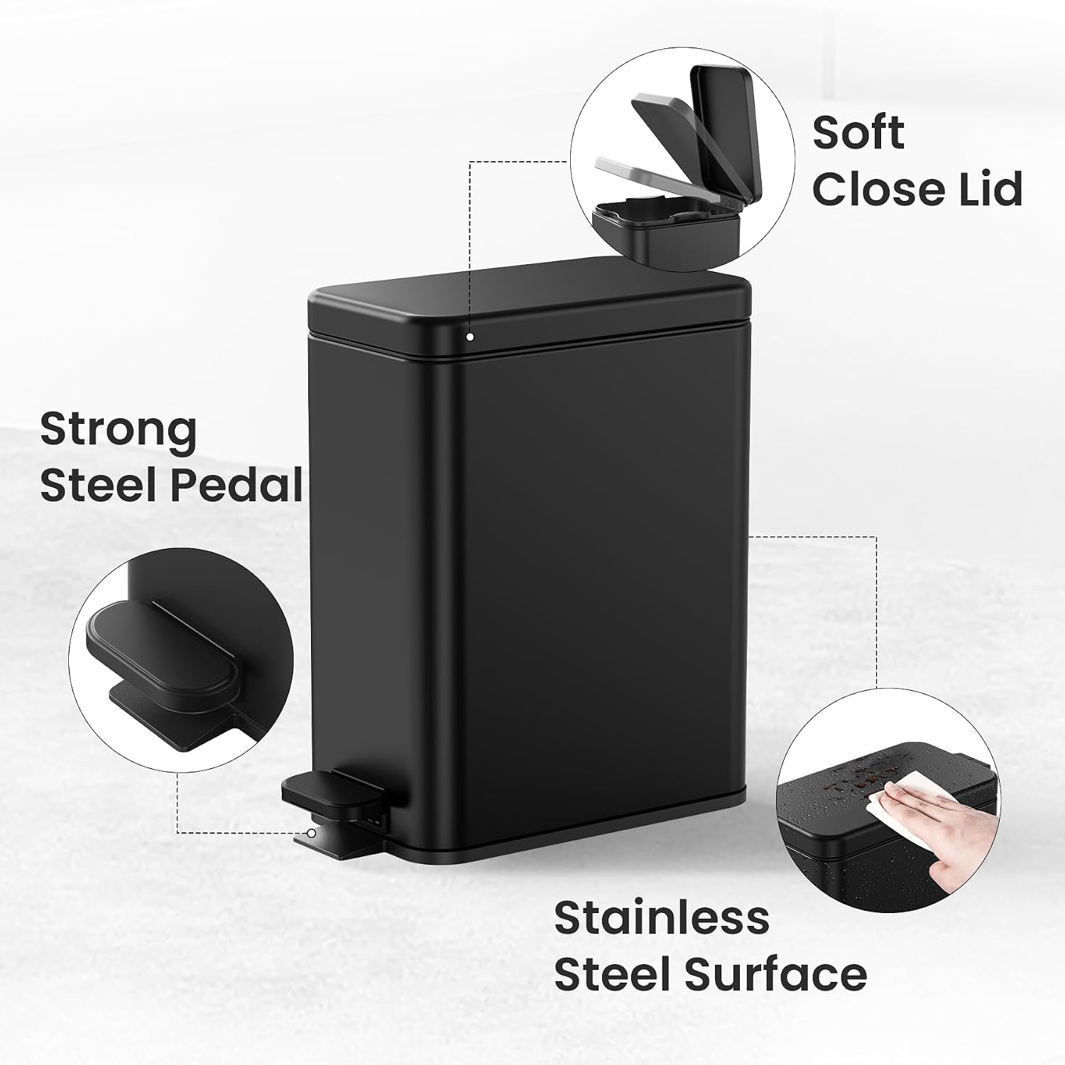 Aldernest 2.6 Gallons Small Bathroom Trash Can with Lid Soft Close, Black, 1.35 kg