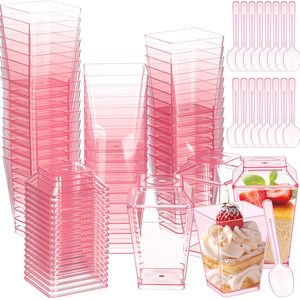 Aldernest 150 Pcs 5 oz Pink Plastic Dessert Cups with Lids and Spoons
