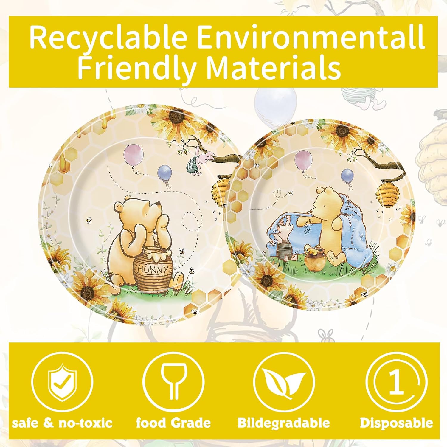 Aldernest 300 Pcs Bear Baby Shower Plates and Napkins Tableware Set, Yellow