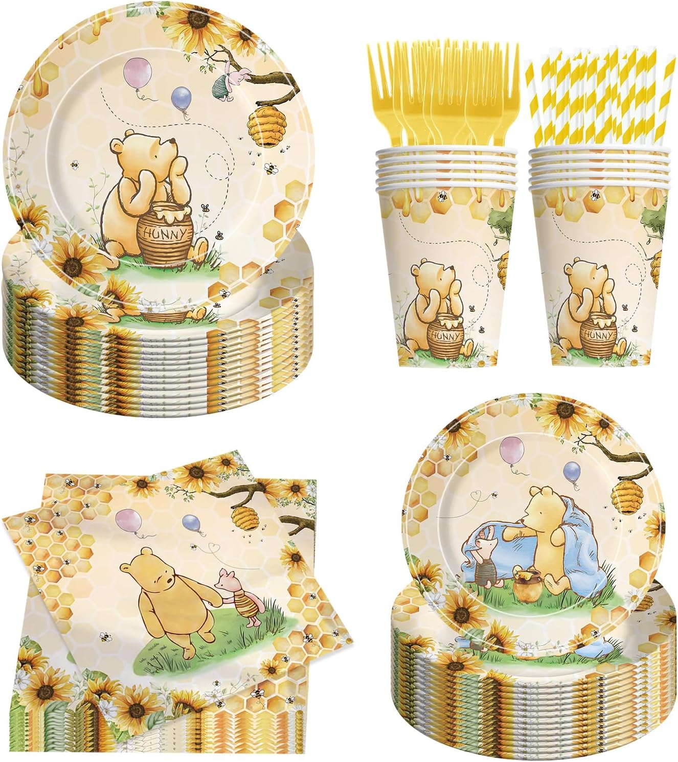 Aldernest 300 Pcs Bear Baby Shower Plates and Napkins Tableware Set, Yellow