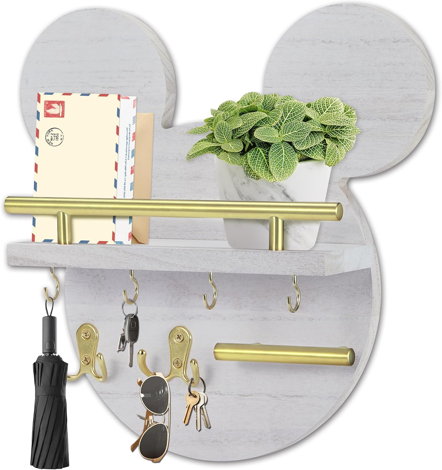 Barleyfield Key Holder for Wall–Mouse Wooden Mail Organizer Wall Mount with Shelf and 6 Hooks