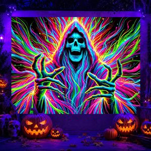 Ashenby Blacklight Tapestry Hooded Skeleton Wall Hanging 78 x 59 Inch