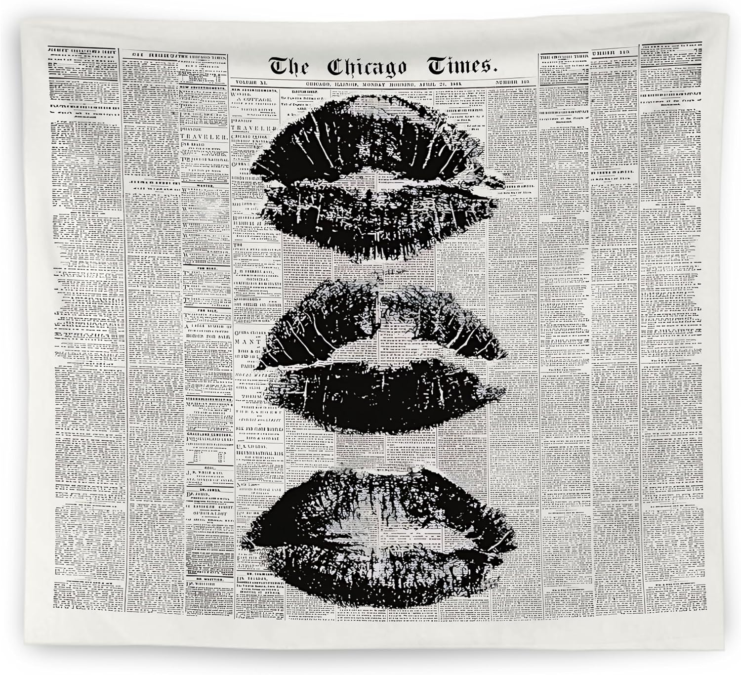 Aldernest Vintage the Chicago Times Newspaper Tapestry Wall Hanging, 50"L x 60"W, black