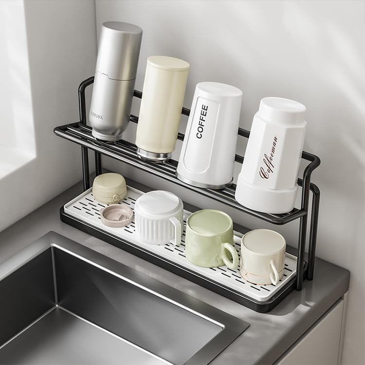 Aldernest 2-Tier Space-Saving Drain Rack with Removable Tray, Black