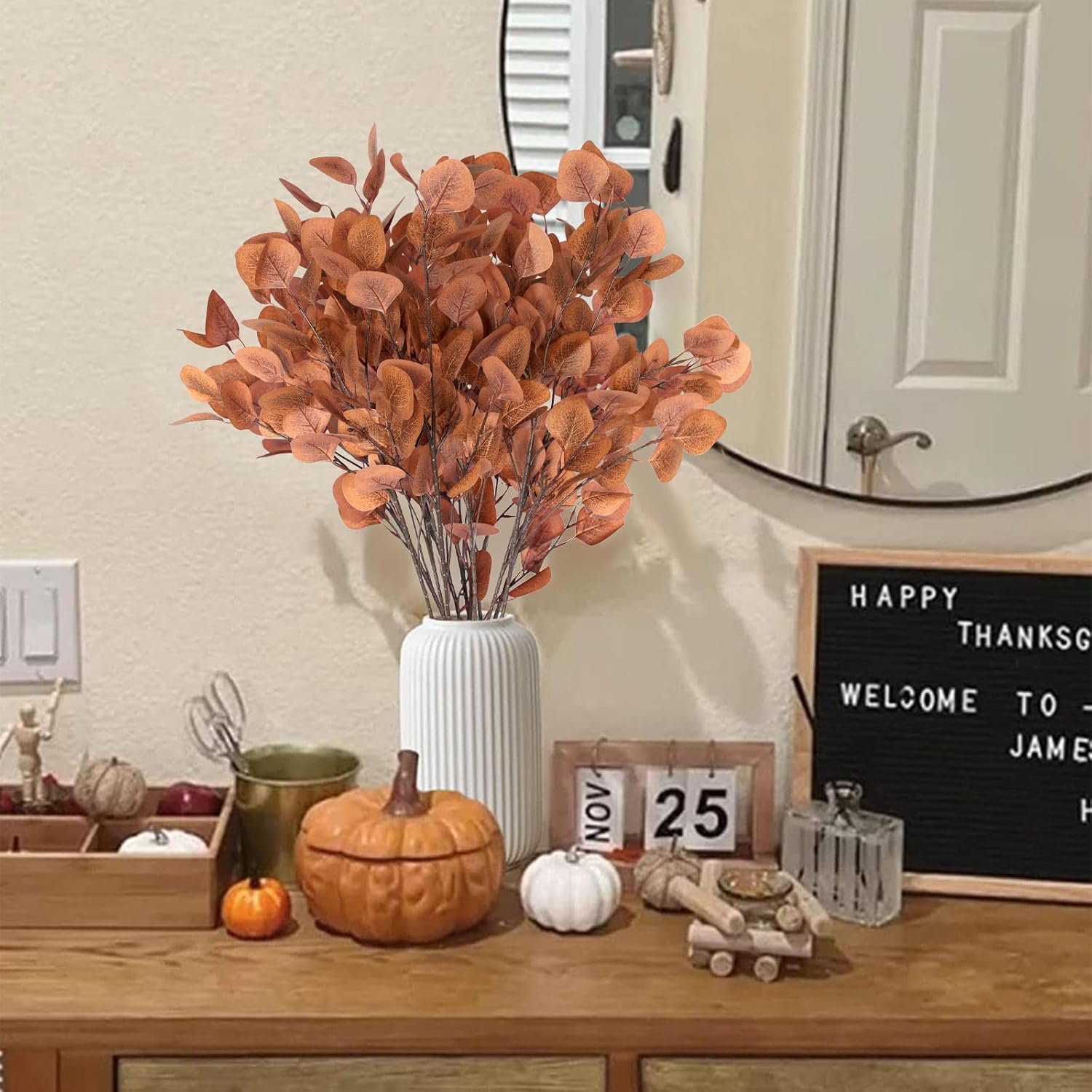 Aldernest 6 Pcs Fall Artificial Eucalyptus Stems Fall Decorations with Eucalyptus Leaf Branches for Indoor Home Autumn Festival Thanksgiving Decor