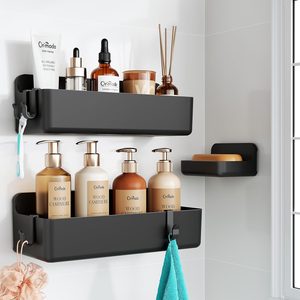 Barleyfield Shower Caddy 3-Pack, No-Drill Adhesive Shelves with 4 Hooks for Bathroom, 14.4 ounces, Black