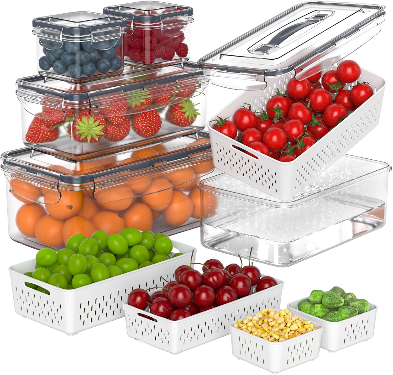Ashenby 5 Pack Fridge Fruit Storage Containers with Colander & Handle Lids, 200 g, 11 inches x 7 inches (largest container), Gray