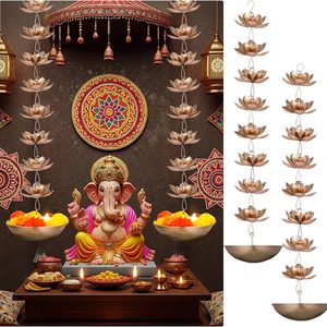 VelloHome 2Set Diwali Hanging Urli Bowl Metal Lotus Floating Diya Pot Decor, Vintage Golden