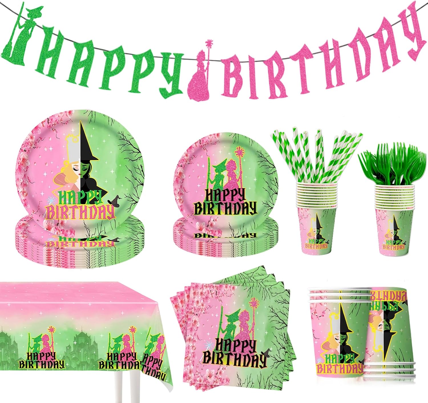 Tanglewick 122Pcs Witch Party Supplies Pink and Green Birthday Party Decorations, 125 Count