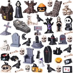 Tanglewick 48 Pcs Halloween Miniatures Figurines Village Mini Resin Halloween Village Ornaments Crafts Crow Horror Figurines Tombstones Skeleton