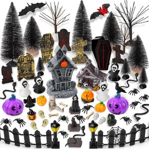 Aldernest 88 PCS Halloween Village Accessories Set Halloween Haunted Houses Village Miniatures Ornaments with Pumpkins Ghost Tombstones Tree Fake