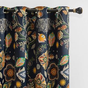 Ashenby Navy Blue Vintage Floral Patterned Boho Blackout Curtains 84 Inches, 2 Count