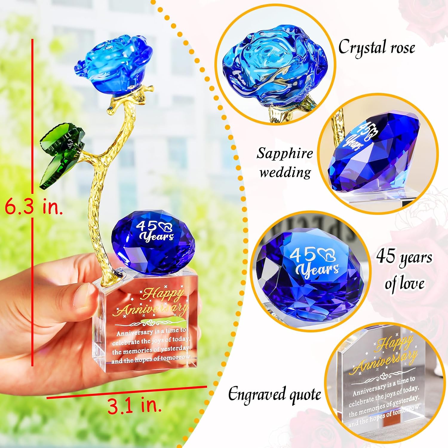 Birchmont 45th Wedding Anniversary Rose Gifts for Parents, Sapphire Wedding Gift, 10.4 ounces