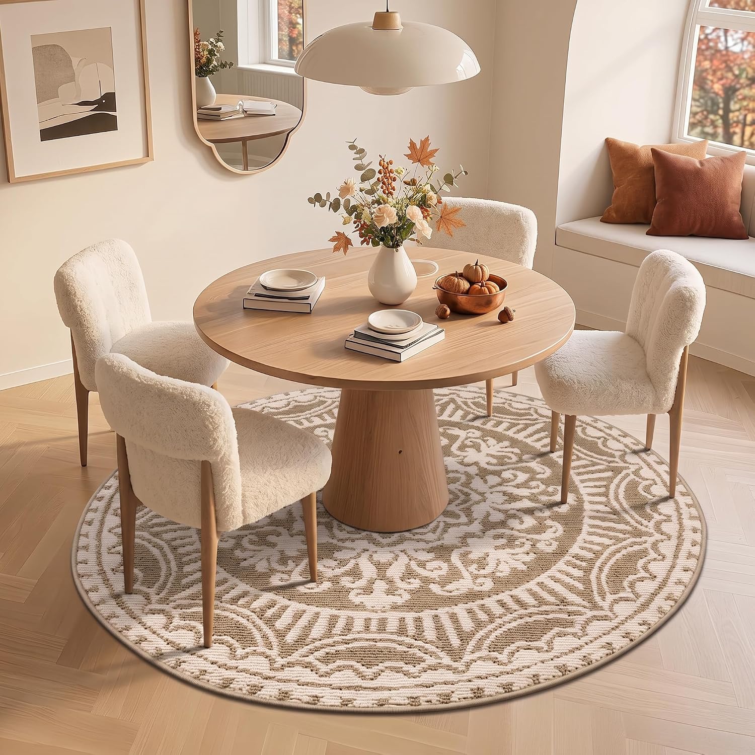 Birchmont 4ft Round Area Rug Non Slip Low Pile Floor Carpet Beige, 3.6 pounds, 12.25 Square Feet