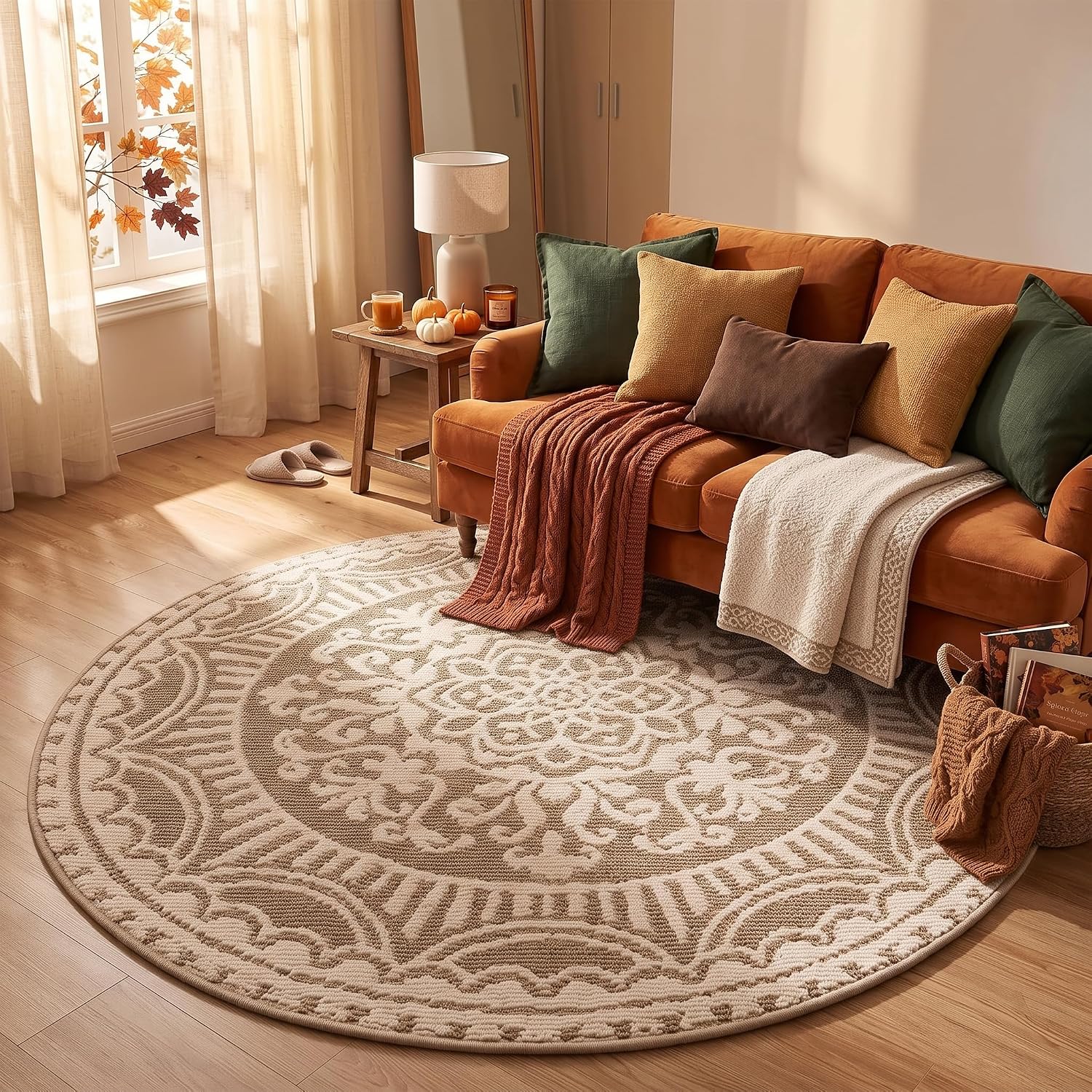 Birchmont 4ft Round Area Rug Non Slip Low Pile Floor Carpet Beige, 3.6 pounds, 12.25 Square Feet