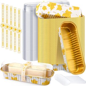 Ashenby 50 Set Fall Mini Maple Leaf Loaf Pans with Lids Spoons Stickers, (6.8 Oz, Yellow