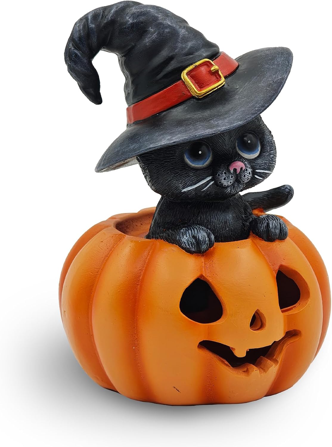 Oakmere Halloween Cat Decorations in Pumpkin: Indoor Ornament with Witch Hat for Home Office Fireplace Party Ideal Gift for Cat Lovers, 10.24 ounces