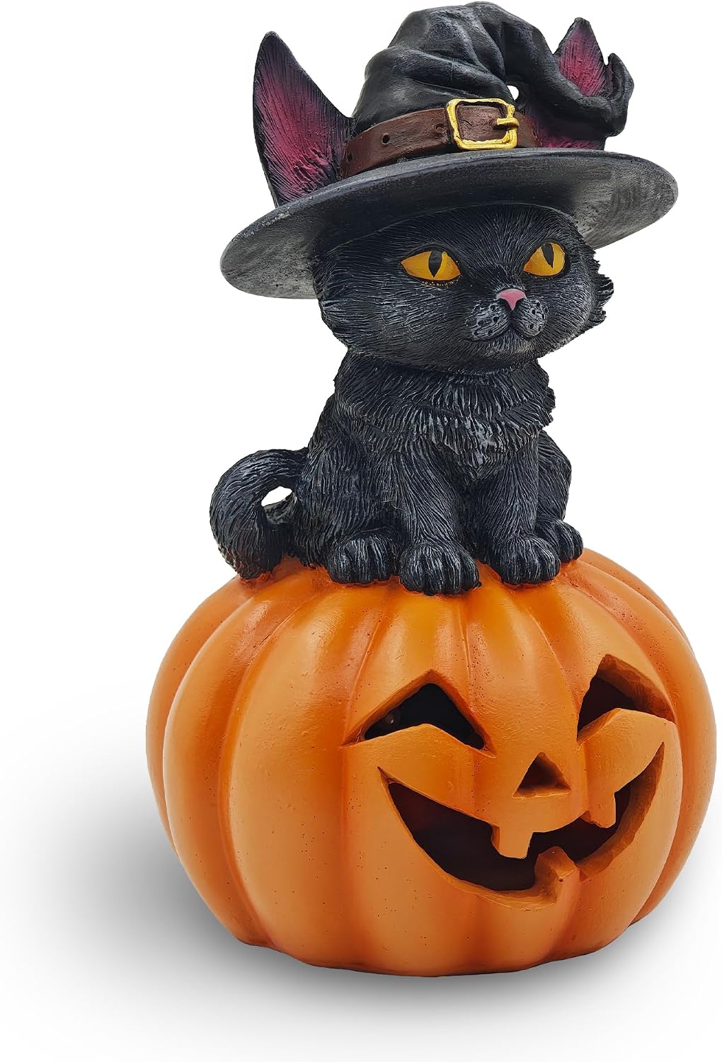 Oakmere Halloween Cat Decorations in Pumpkin: 6.1'' Indoor Ornament with Witch Hat for Home Office Fireplace Party Ideal Gift for Cat Lovers