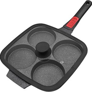 Barleyfield 10 inch Large Egg Pan with Lid, Nonstick 4-Cup Pancake Pan, Black, 1.68 kg