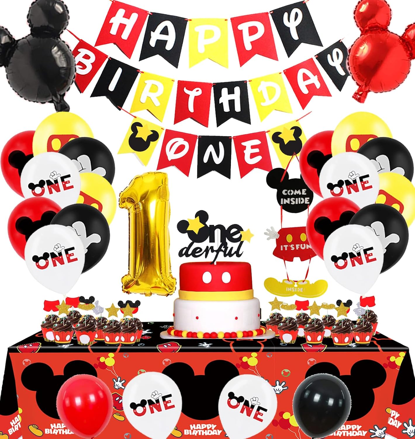 Rowanmere 1st Mouse Birthday Party Decorations Supplies Banner Tablecloth Balloons, Red, Black, 38