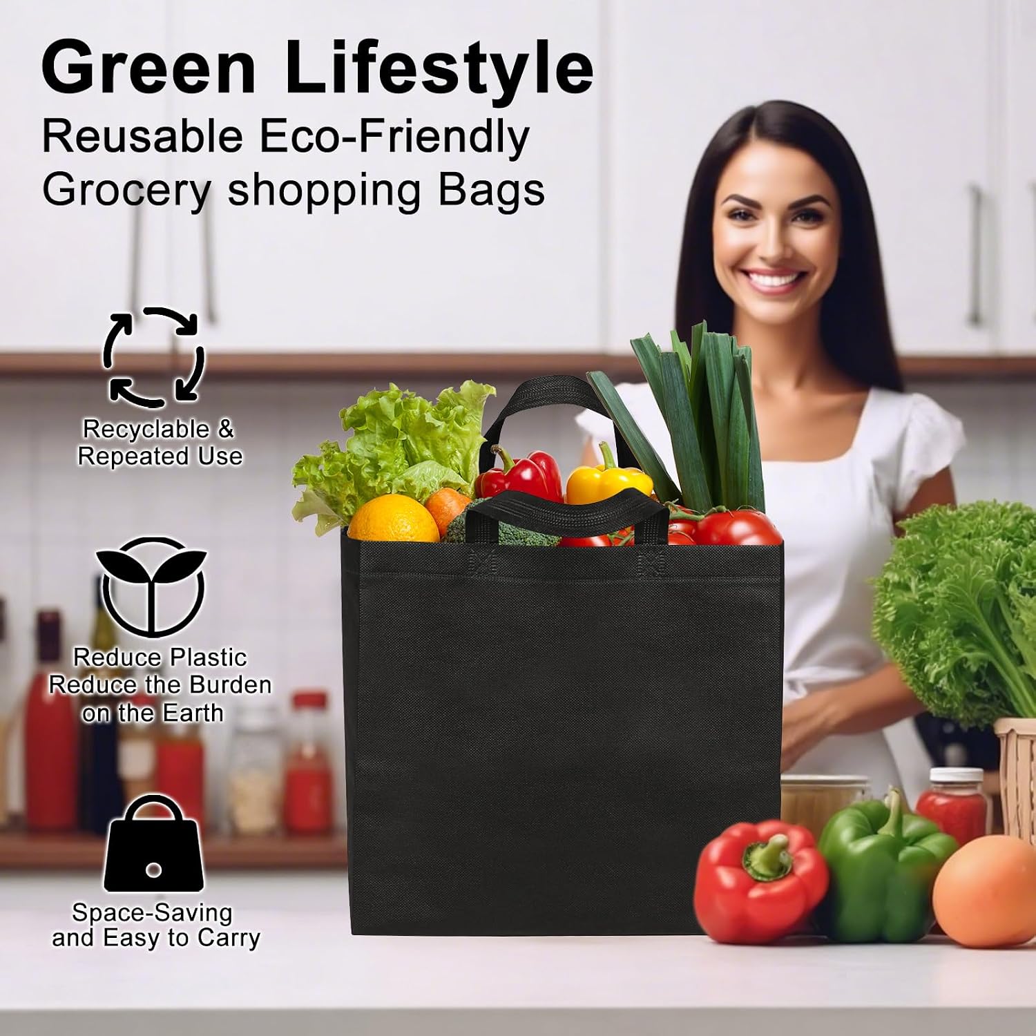 Ashenby Black Reusable Totes Bag with Reinforced Handles Non Woven Bulk Shopping Bags