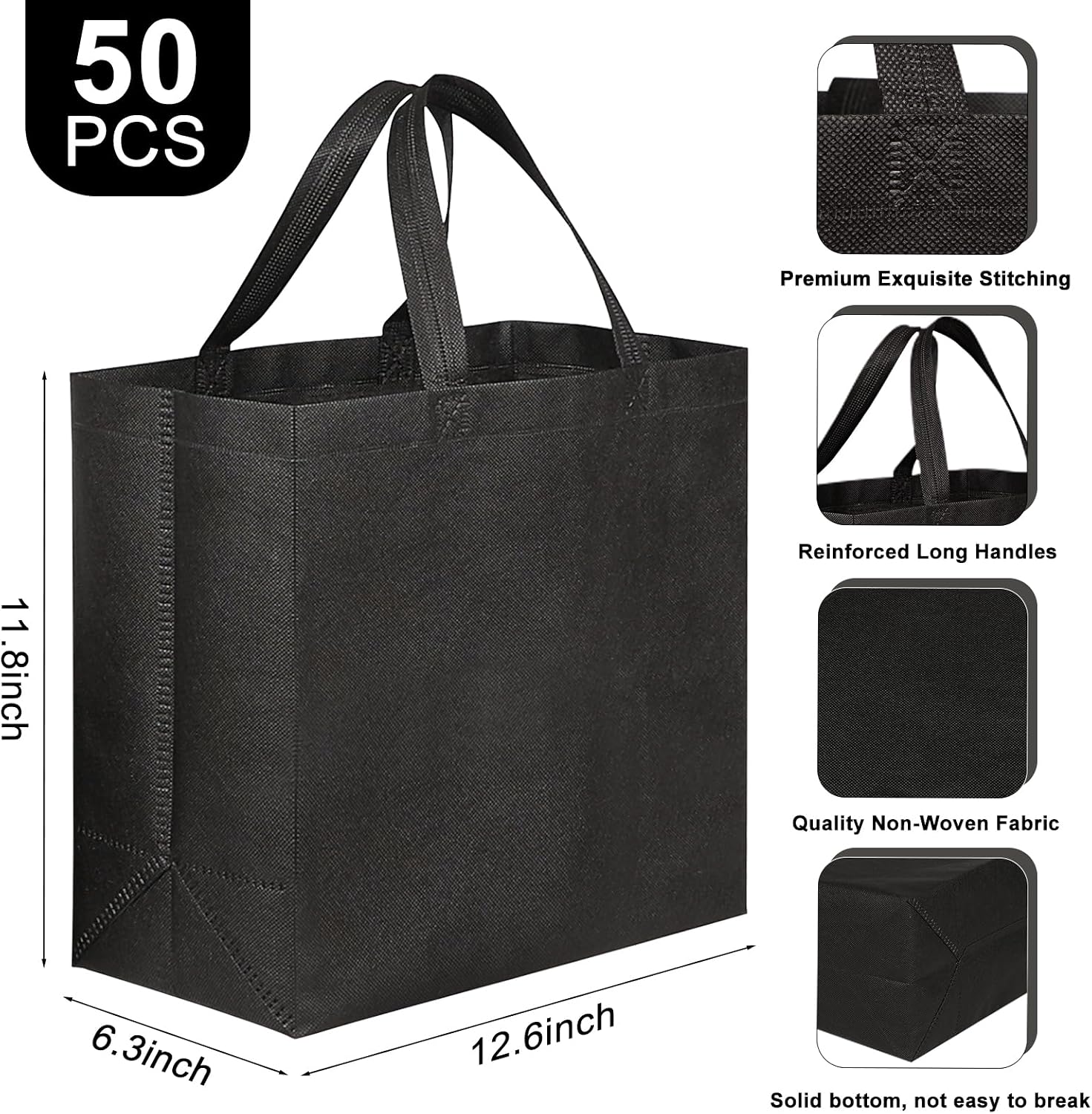 Ashenby Black Reusable Totes Bag with Reinforced Handles Non Woven Bulk Shopping Bags