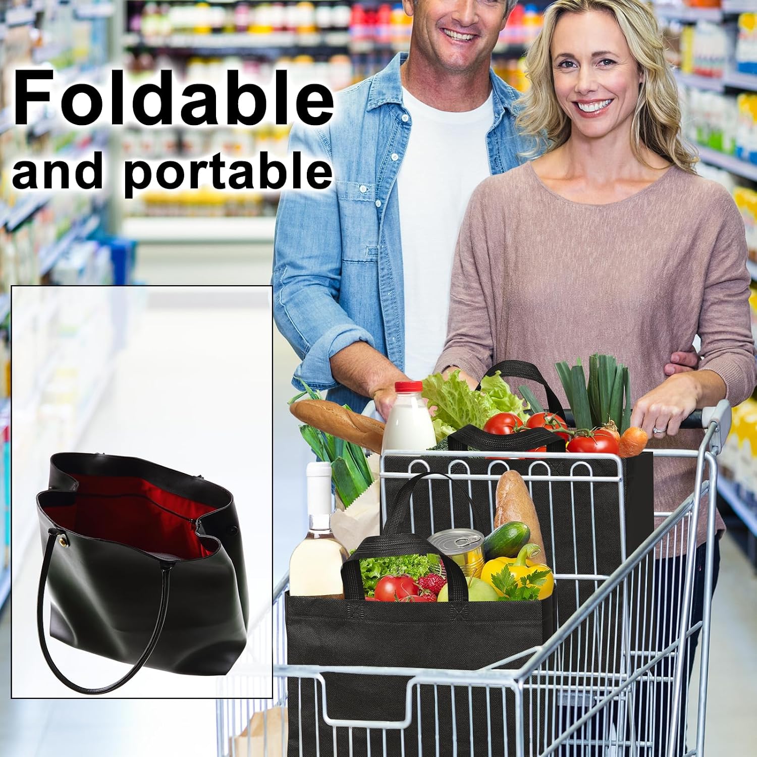 Ashenby Black Reusable Totes Bag with Reinforced Handles Non Woven Bulk Shopping Bags