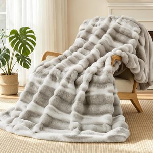 Barleyfield Faux Rabbit Fur Throw Blanket, Plush Fuzzy Blanket, 50" × 60", Grey, 4 pounds