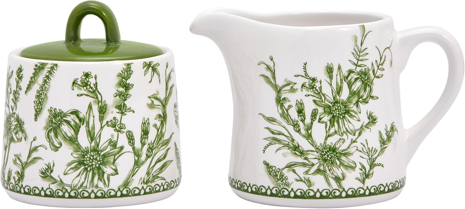 Aldernest Green Garden Toile De Jouy Ceramic Sugar and Creamer Set with Lid, Large, 2 Count