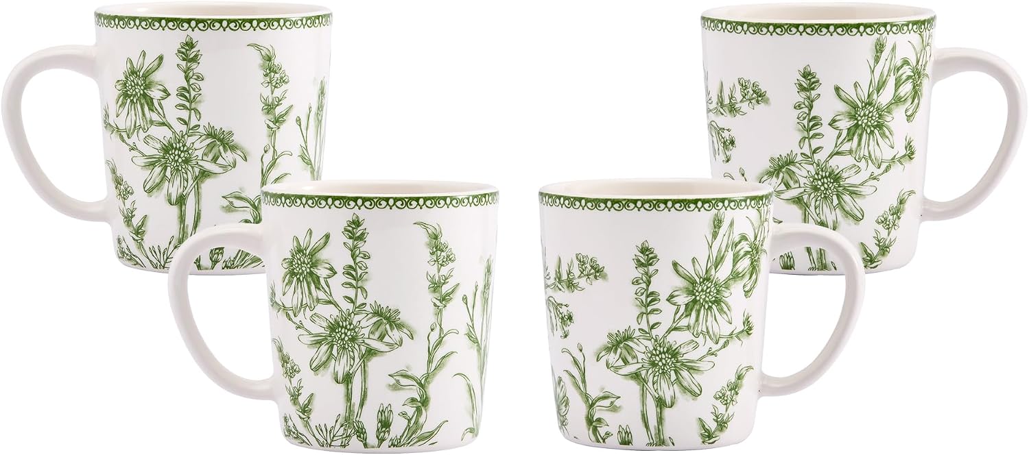 Aldernest Green Garden Toile De Jouy Ceramic Coffee Mugs Set of 4, Large