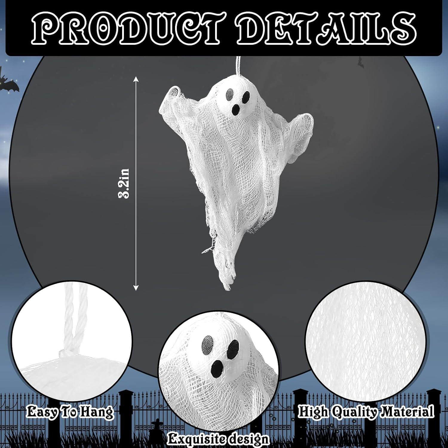 Aldernest 12 Pcs Halloween Ghost Hanging Ornaments, Small 3.2" Mesh Cloth, 2.88 ounces, white